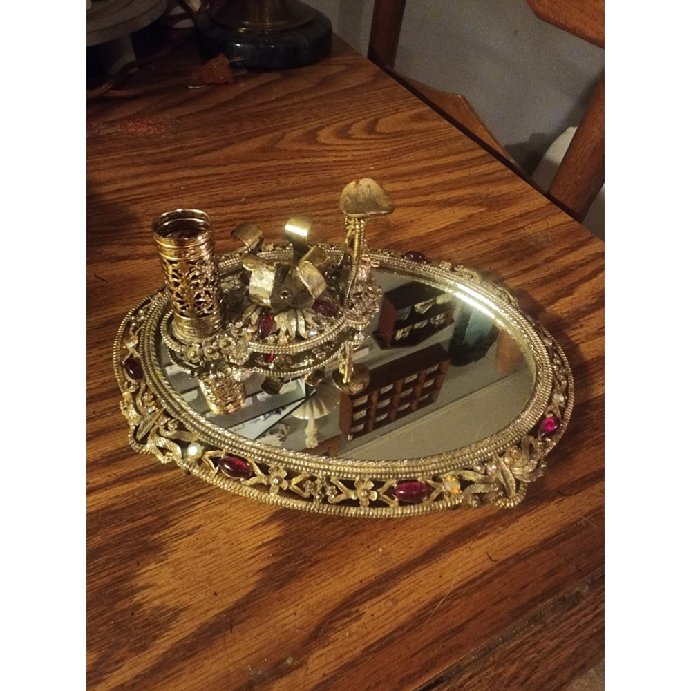 Vintage Sam Fink Gold Filigree Red Jewel Encrusted Mirrored 2 Pc Vanity Set Rare